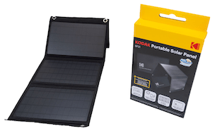 Kodak SP21 kannettava aurinkopaneeli - myyntipakkaus ja avattu aurinkopaneeli